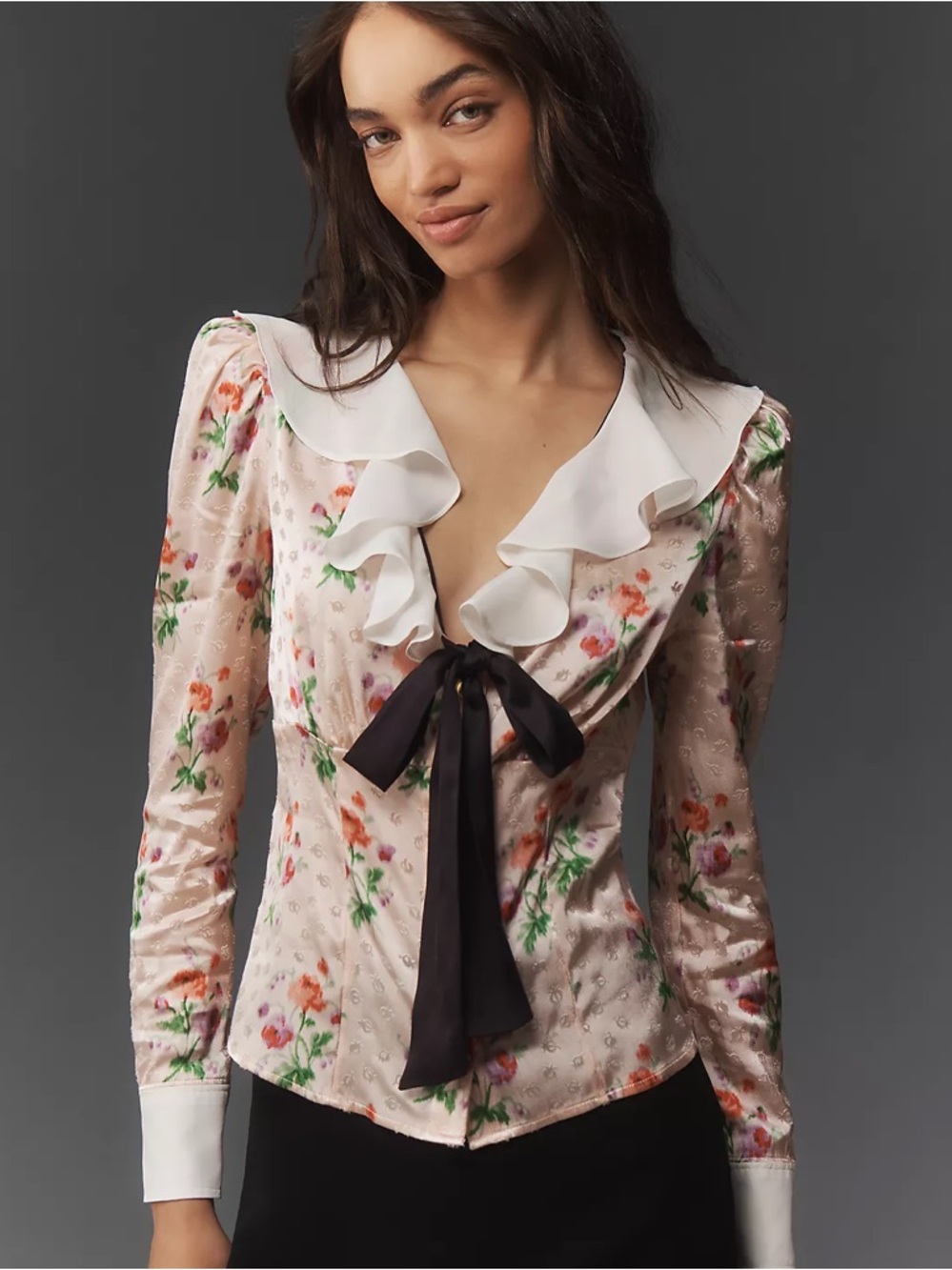 Anthropologie Maeve Ruffle-Front Floral Blouse NWT Puff Sleeve Bow Top